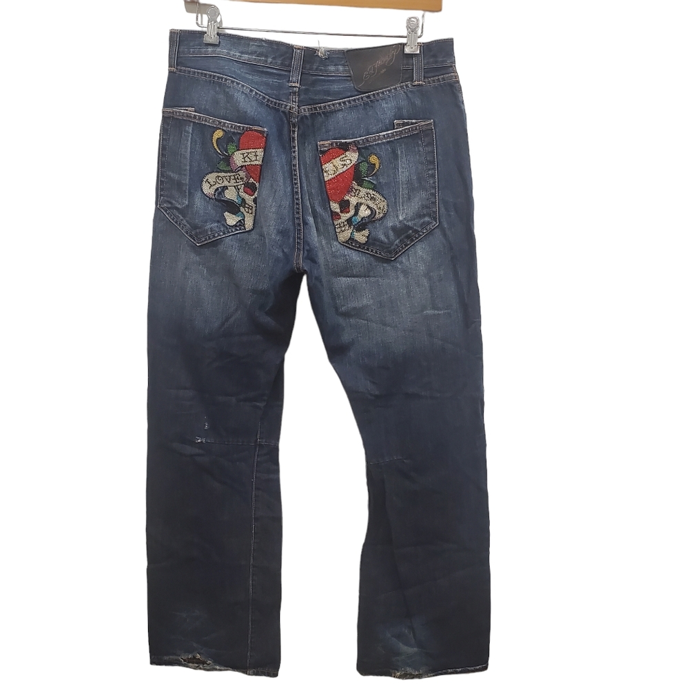 Ed Hardy Love Kills Slowly Embroidered Jeans W36 L34 Rare Distressed Denim Bling - Picture 4 of 8